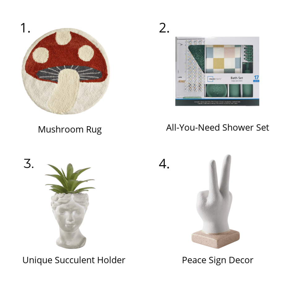 Trending Walmart College Items including a mushroom rug, succulent plant holder, shower set with accessories, and peace sign decor