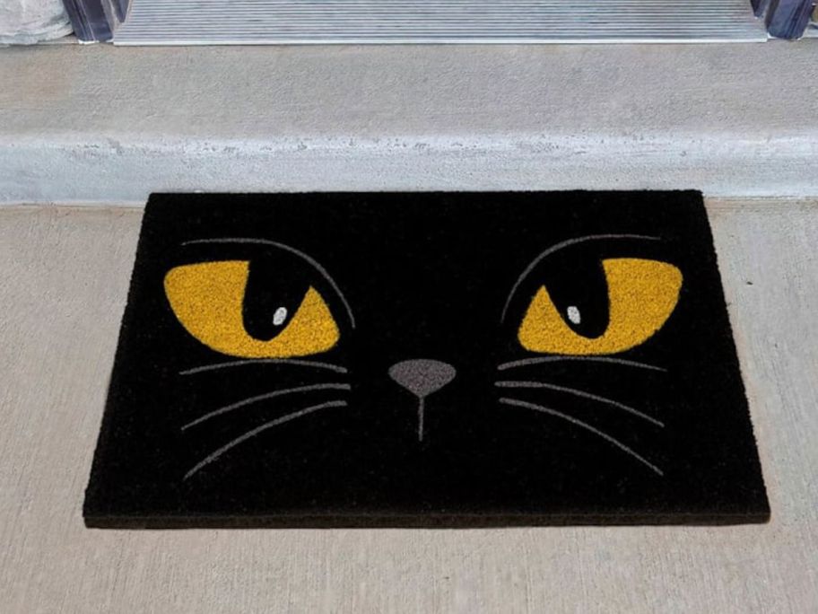 Tricky Treats Cat Face Coir Mat 18 x 30 on doorstep