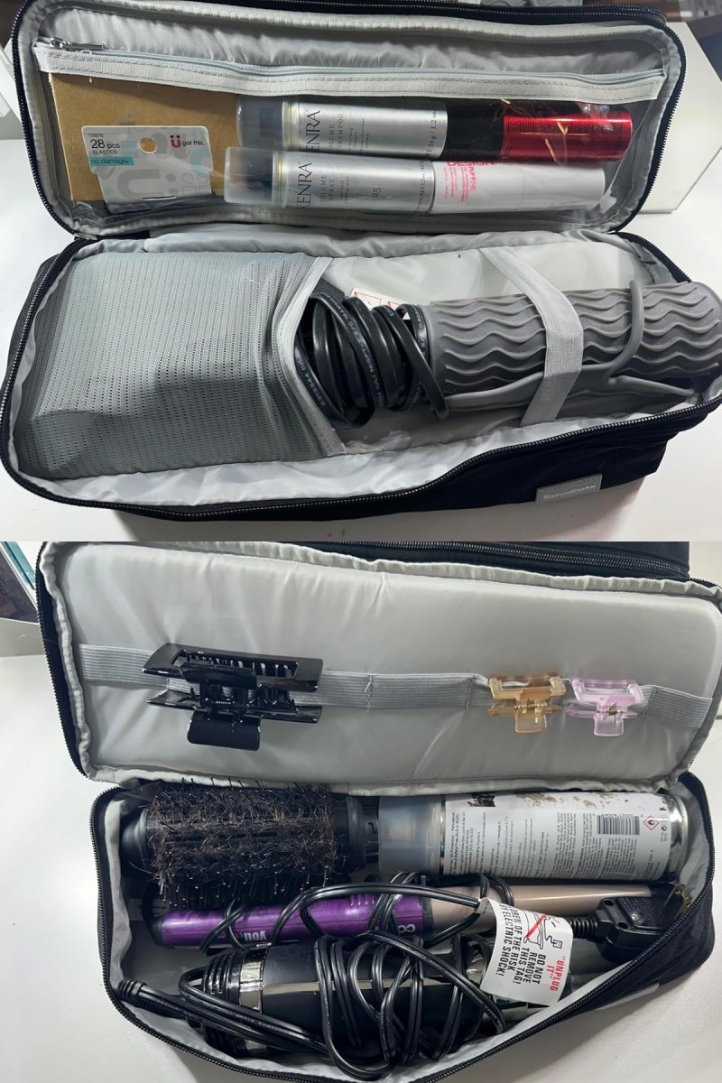 images of a double layer travel case with each compartment open filled with haircare tools, products, and accessories.