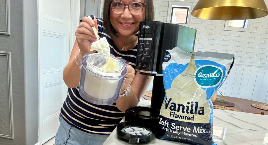 WOman showing ice cream made with mixer