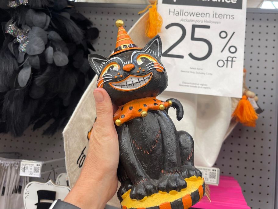 Way To Celebrate 10″ Black & Orange Resin Cat in hand in store