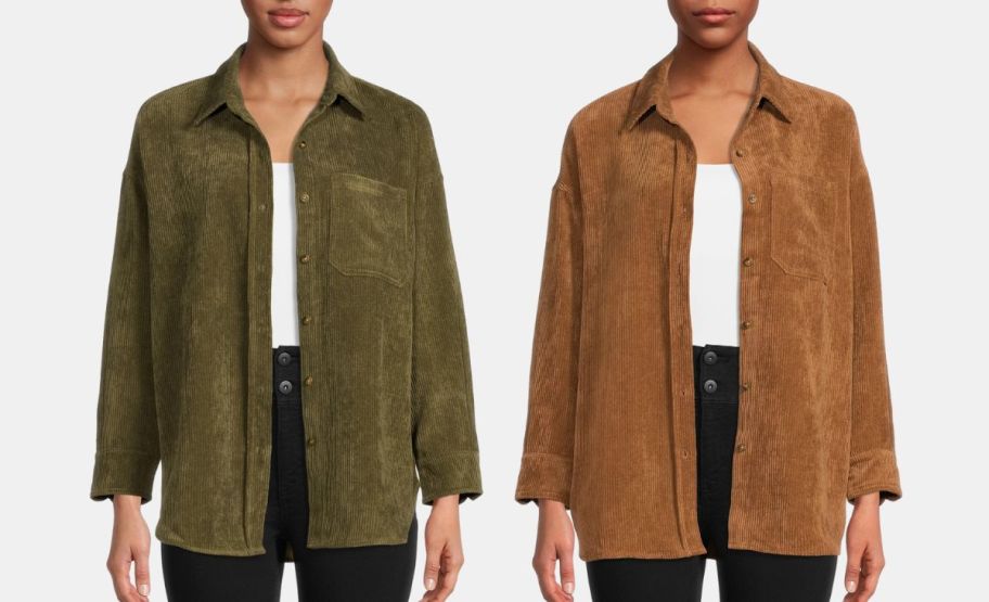 2 female models wearing nine.eight corduroy shackets in black and heather gray