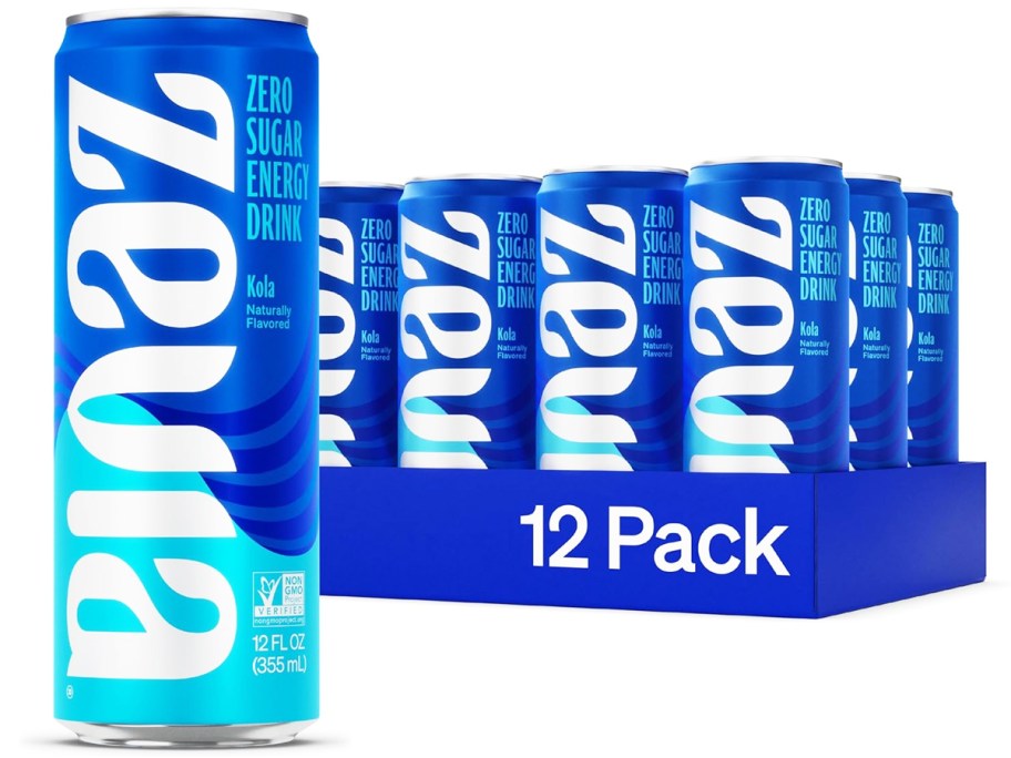 blue 12-pack case of Zevia Kola Energy Drinks