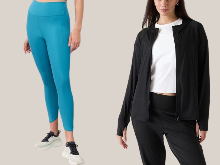 woman's legs wearing bright blue leggings and woman wearing a black zip up athletic jacket unzipped with a white top and black leggings