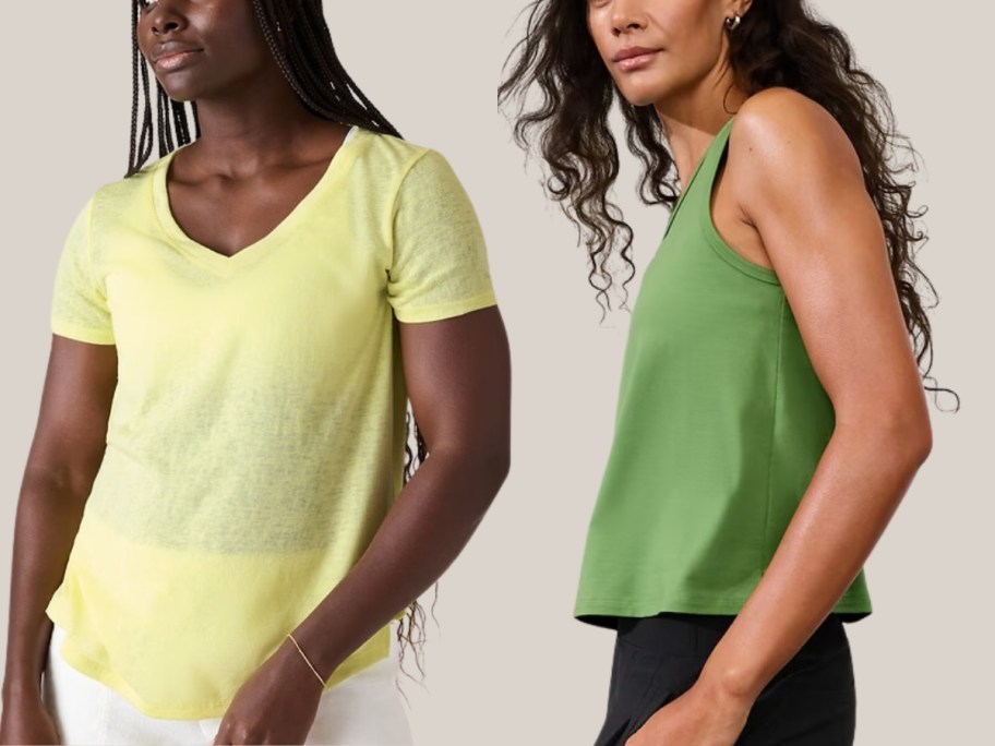 woman wearing a yellow v neck top and woman wearing a green tank top