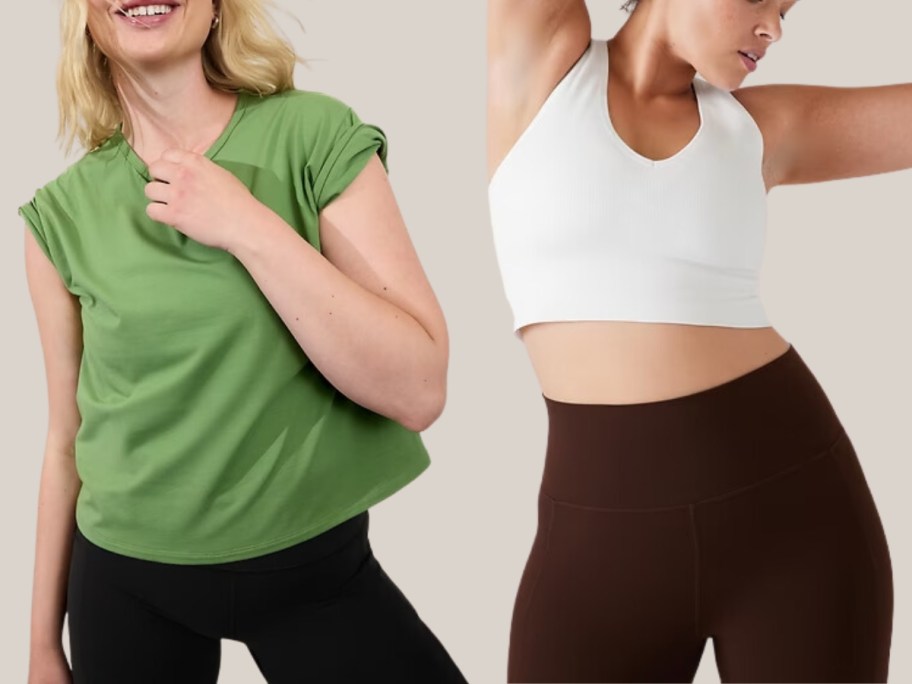 woman wearing a green tshirt with the sleeves rolled up next to a woman wearing a white crop top sports bra