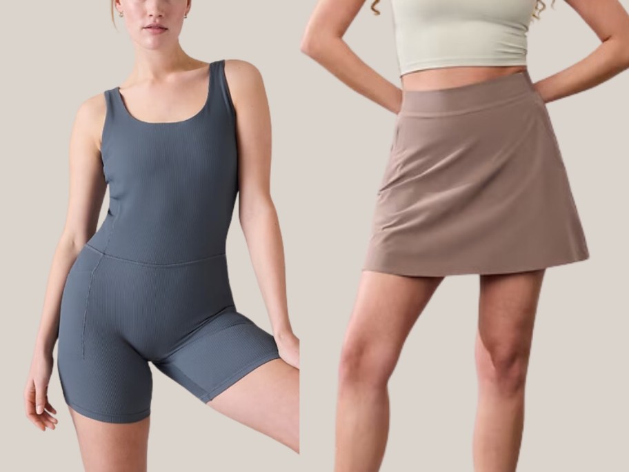 woman wearing a one piece workout sleeves shorts suit and woman wearing a tan skort