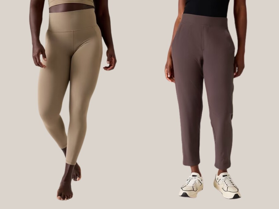 woman wearing tan leggings and woman wearing brown ankle pants