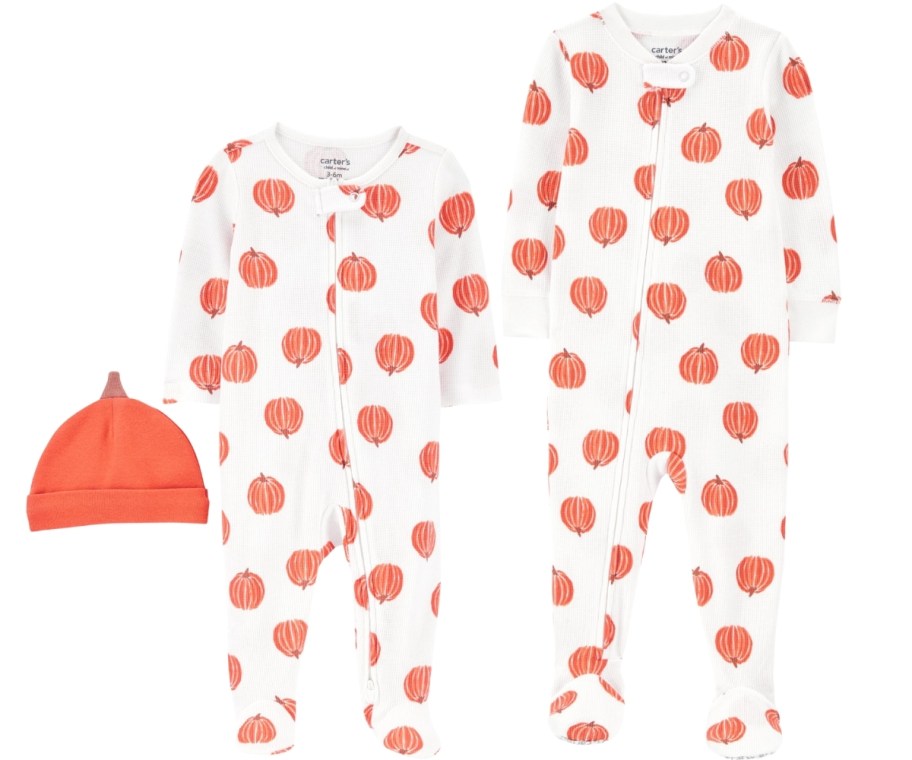 two pumpkin print onsies