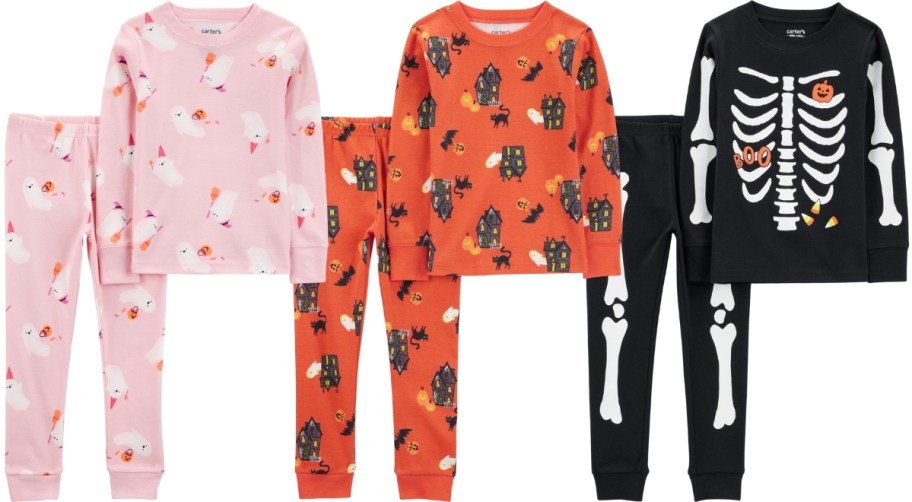 3 sets of toddler snug fit pajamas in various halloween prints