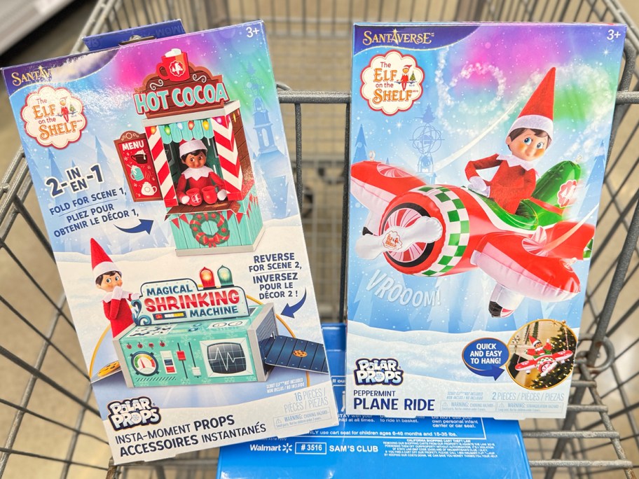 elf on the shelf hot cocoa and plane accessories in walmart cart 