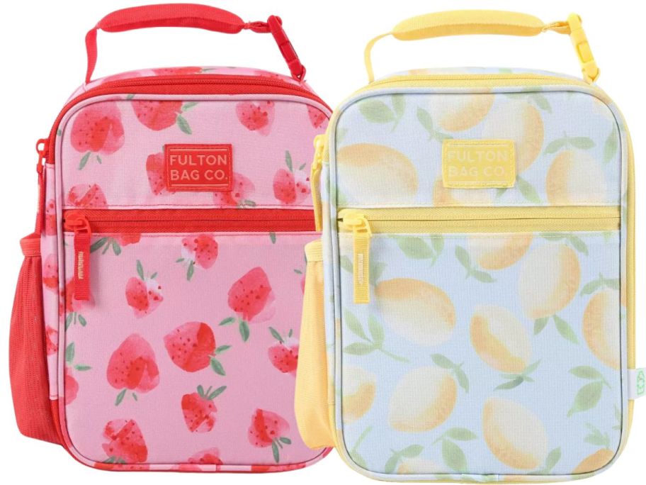 two fulton lunch bags with strawberries and lemons on them