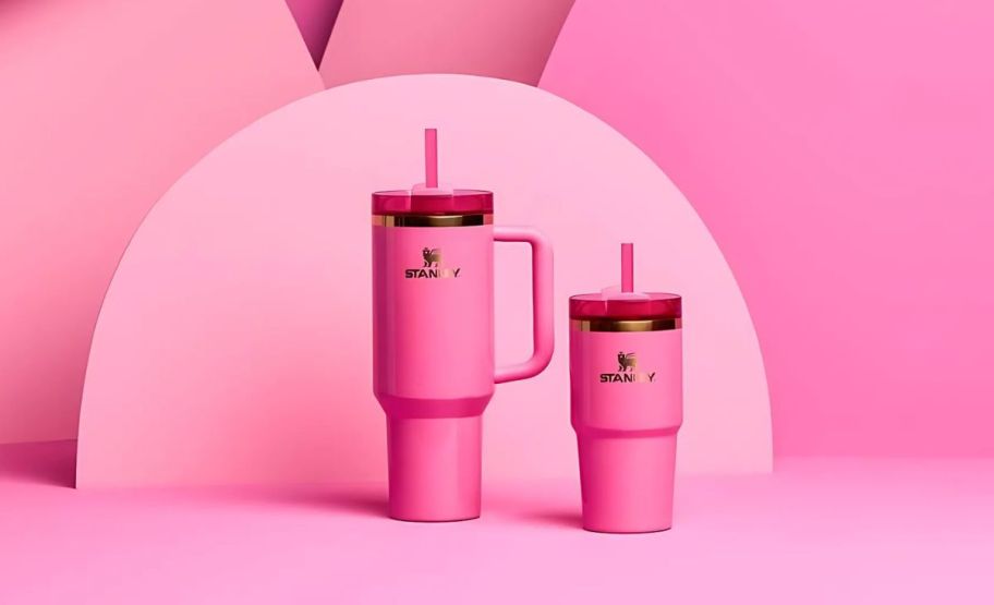 a stanley limited edition 40oz and 20oz Wicked Glinda quencher tumblers on a pink background