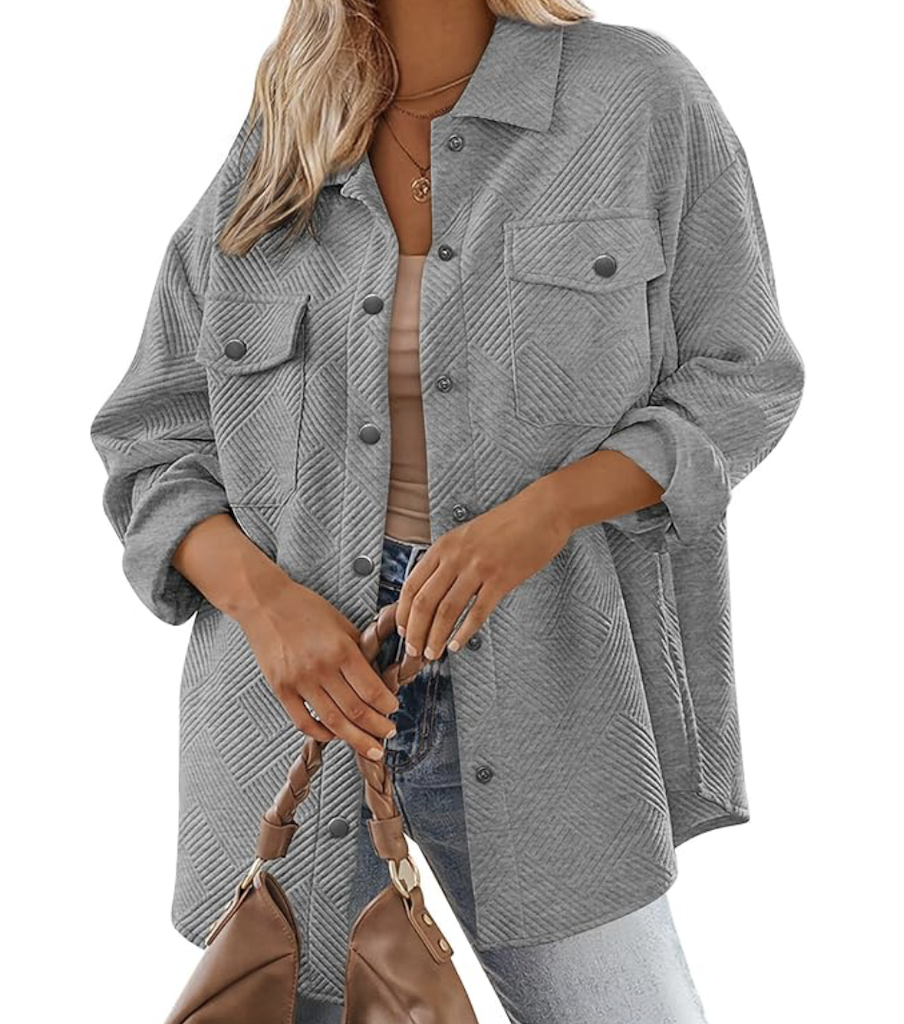 woman wearing grey shacket 