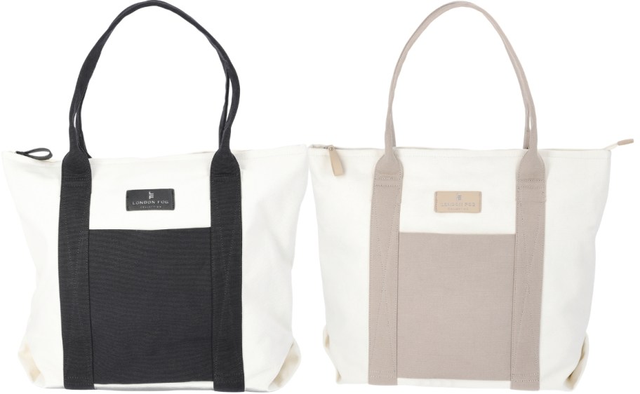 a black and white and tan and white canvas beach bags