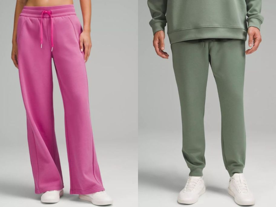 Stock images of a woman and a man wearing lululemon sweatpants