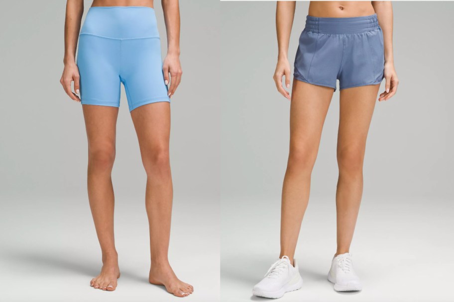 two pairs of blue lululemon shorts