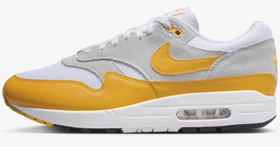 men's Nike Air Max style shoe in white with grey and yellow accents