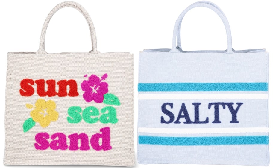 two tote bags with text graphics