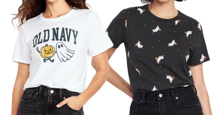 two women wearing old navy halloween tops in white and black