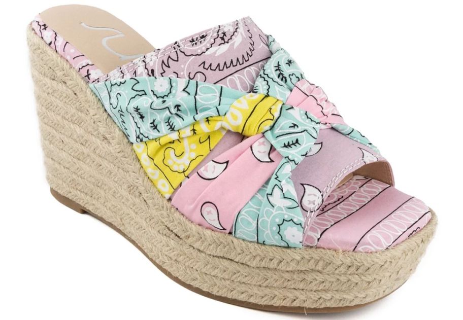 a bright colored bandanna print wedge sandal