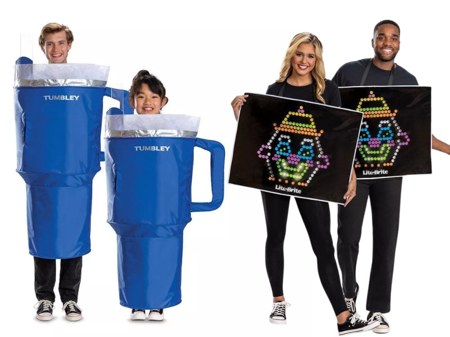 Adult and kid wearing a blue Tumbler Halloween Costume and woman and man wearing Lite Brite coistumes