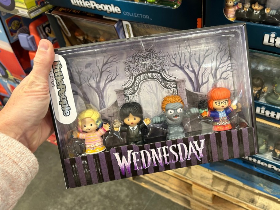 hand holding a box with a Wednesday (from the Addams Family) Little People Collector Set in it