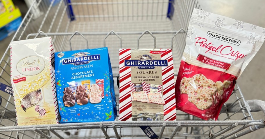 bags of Lindor Truffles, Ghirardelli Snowman and Peppermint Squares and holiday Pretzel crisps in a Sams Cart