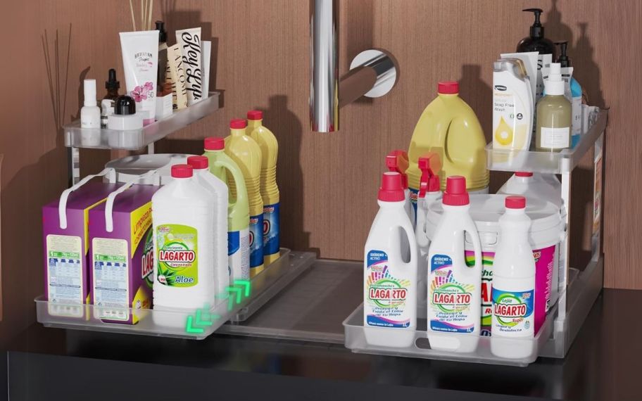 under sink organizer two pack shown under a sink.
