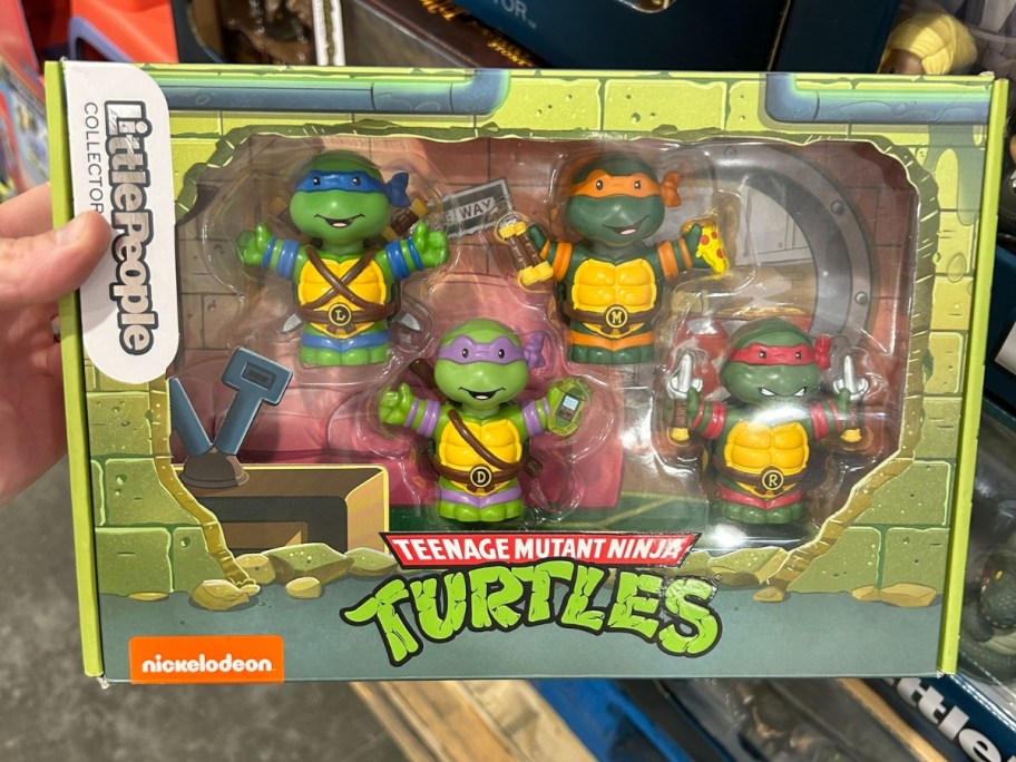 hand holding a box with a Teenage Mutant Ninja Turtles Little People Collector Set in it