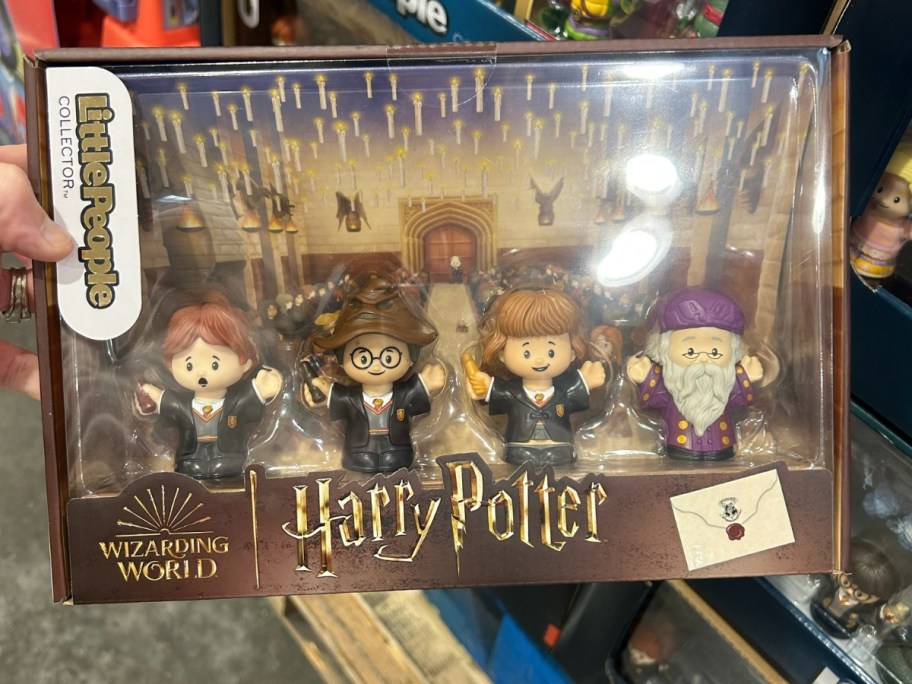 hand holding a box with a Harry Potter and the Sorcerer's Stone Little People Collector Set in it