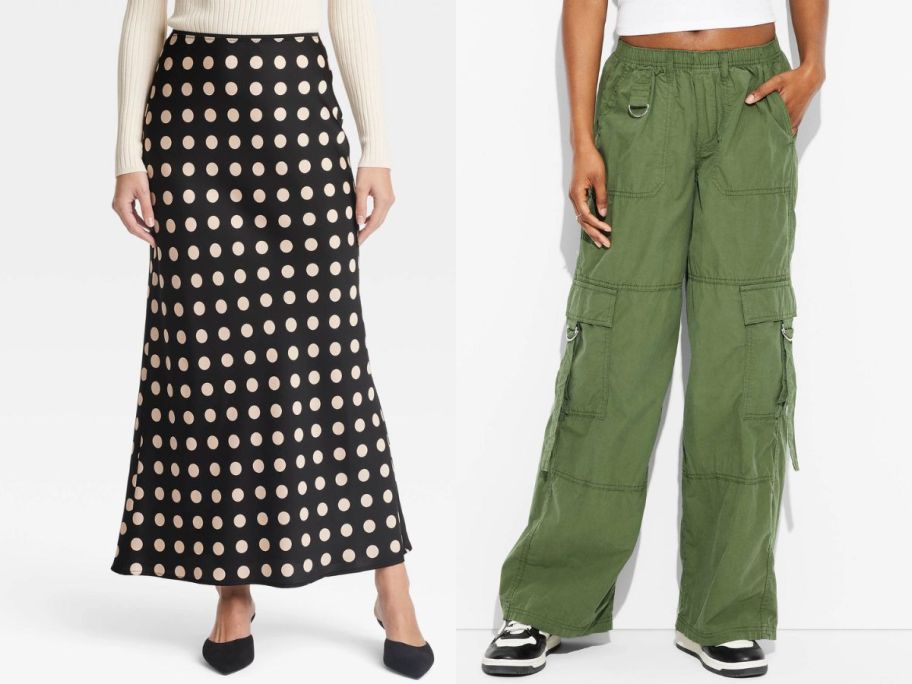 model in a black and white polka dot skirt and one is cargo pants