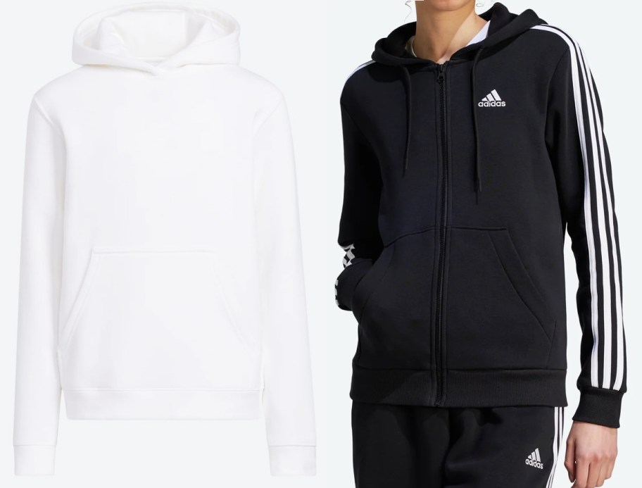 plain white hoodie and woman in black adidas zip-up jacket