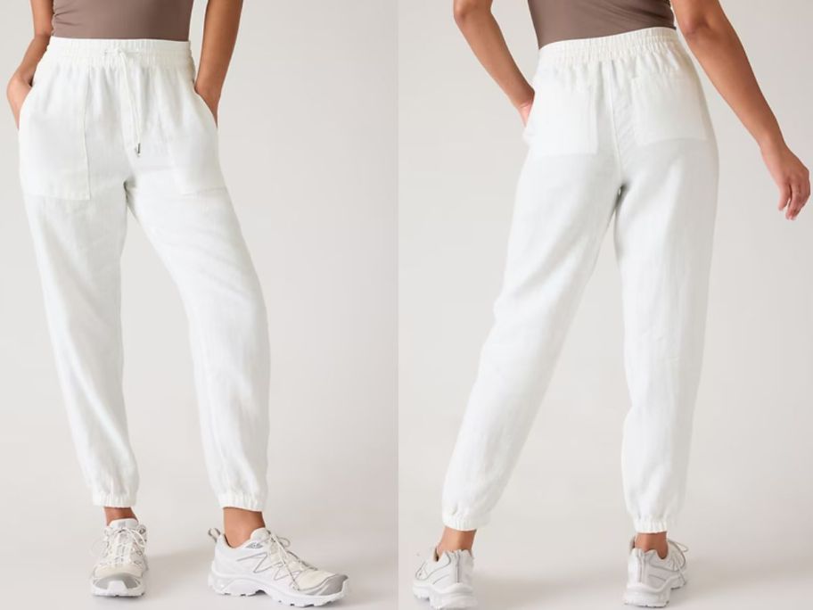 Front and back view of a woman wearing Retreat Linen Joggers