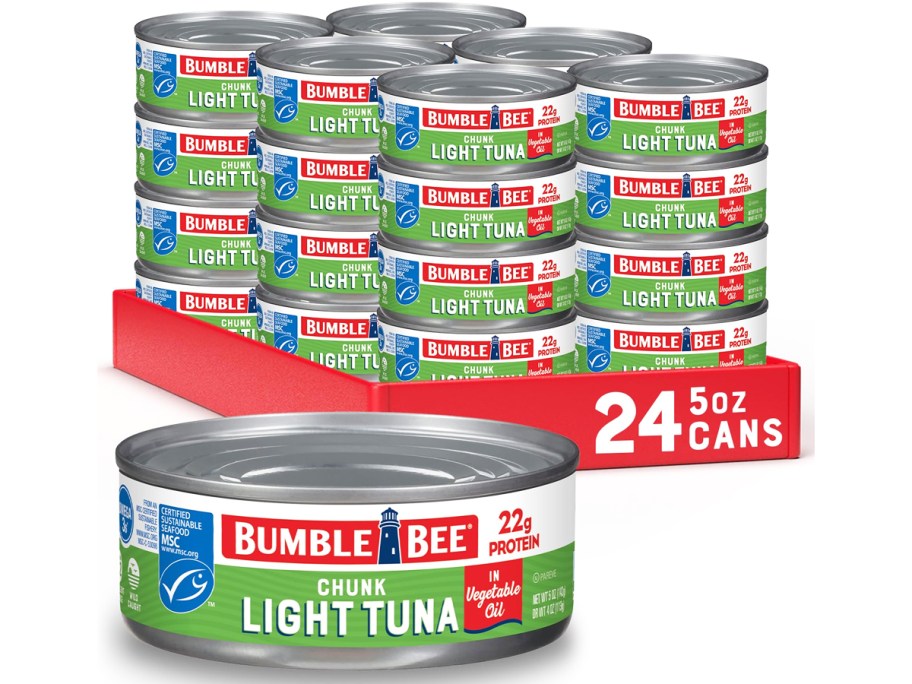 case of cans of Bumble Bee Tuna with one large can in front of it
