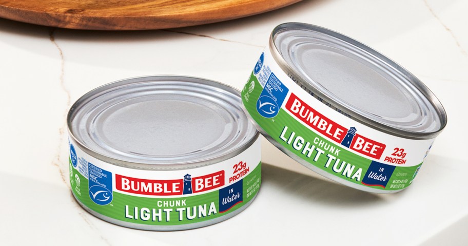 two cans of Bumble Bee Tuna on kitchen counter