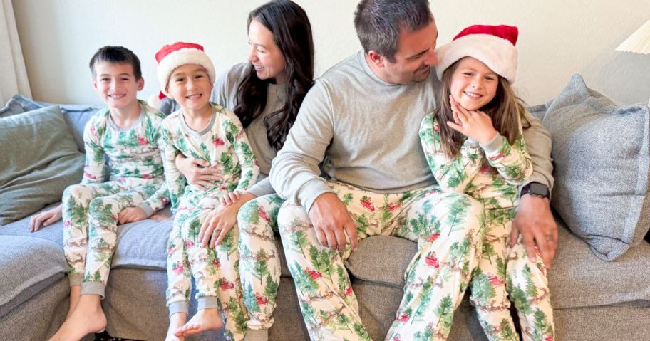 Family wearing Burts Bees matching holiday pajamas