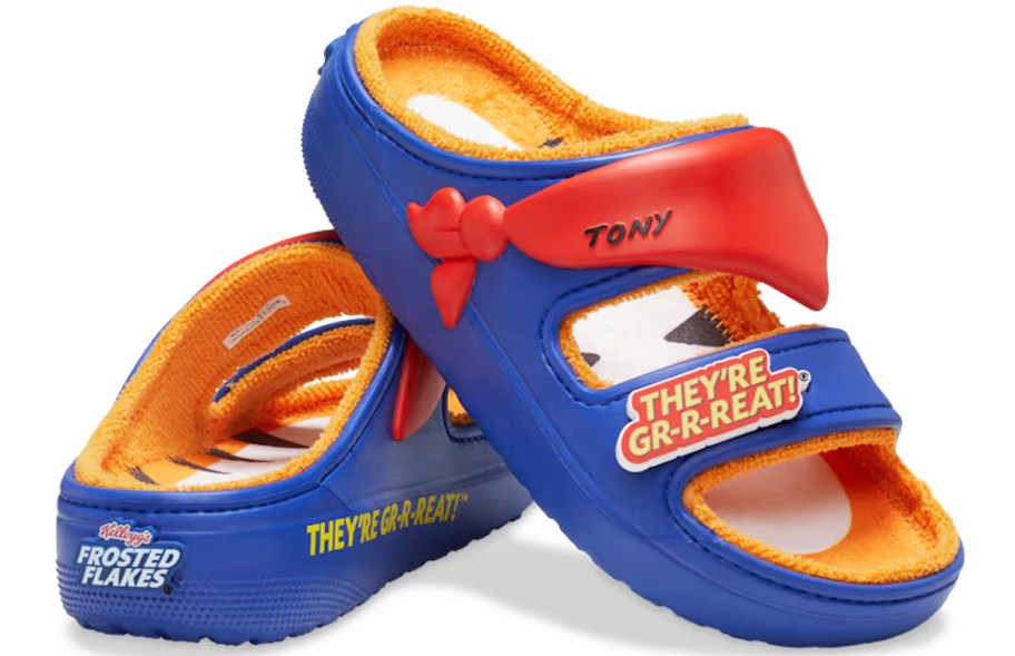 blue and orange Frosted Flakes sandals