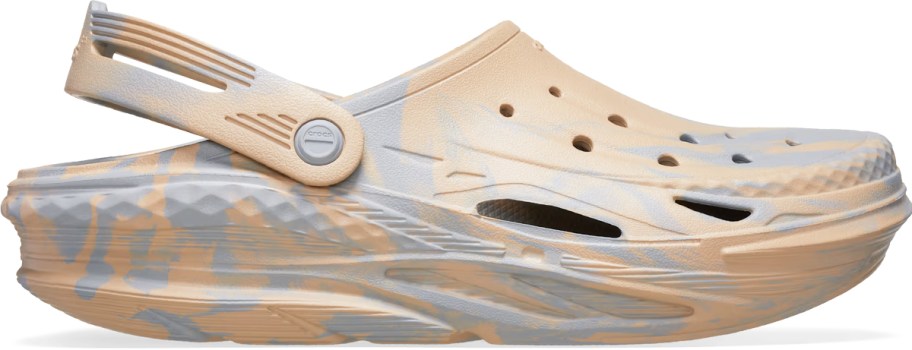 tan and grey marbled crocs clog