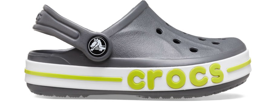 grey, green, and white crocs clog