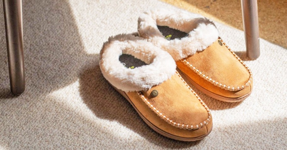 pair of brown clogs on rug under chair