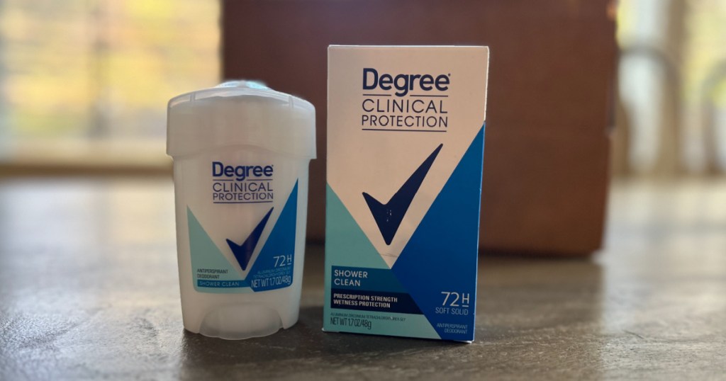 Degree Clinical Protection Deodorant and box on wooden table