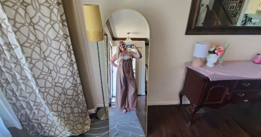 girl standing in front of EDX 59" x 16" Arched Full-Length Mirror