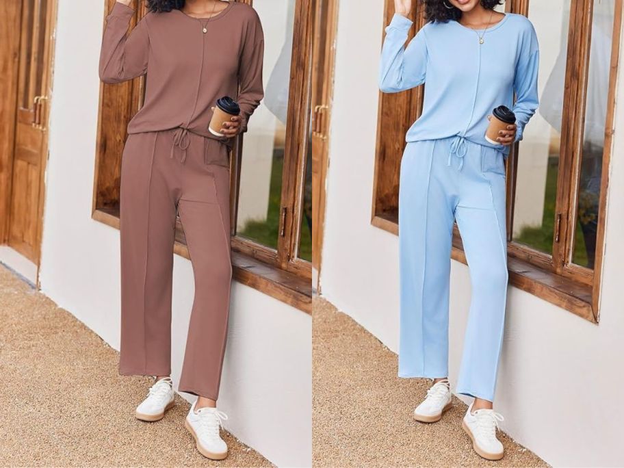 two women wearing Ekouaer Women's 2-Piece Pajama Sets