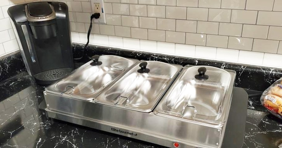 silver buffet server on kitchen counter