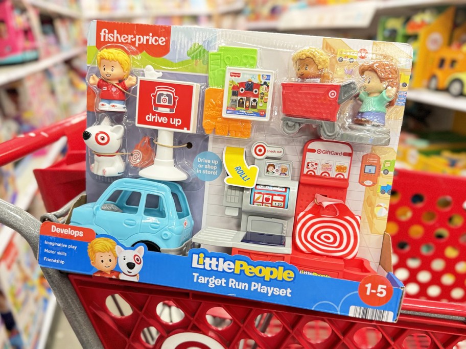 Fisher-Price Little People Target Run Playset on top of target cart