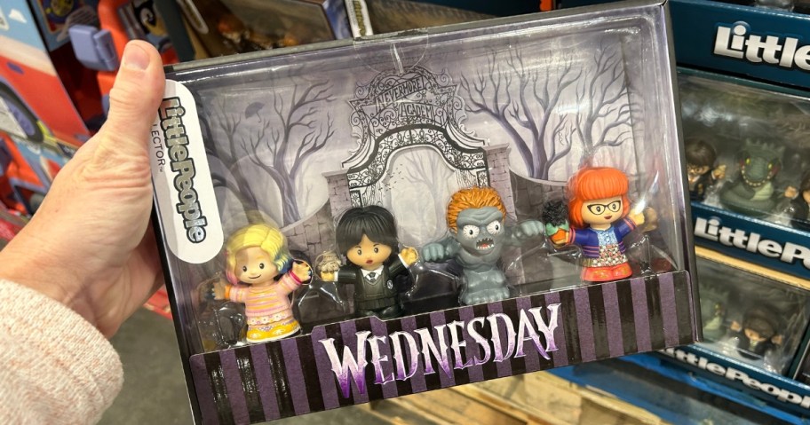 hand holding a box with a Wednesday (from the Addams Family) Little People Collector Set