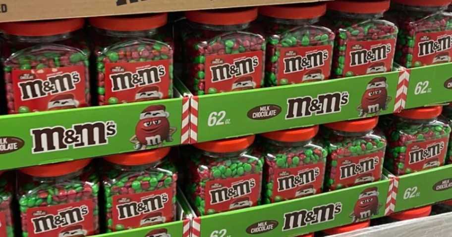 giant containers of red and green Christmas M&M's at Sam's Club