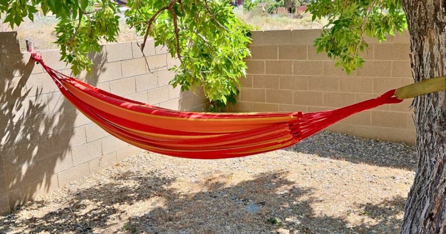 a bright orange striped large hammock hanging from a tree and cement wall in a backyard