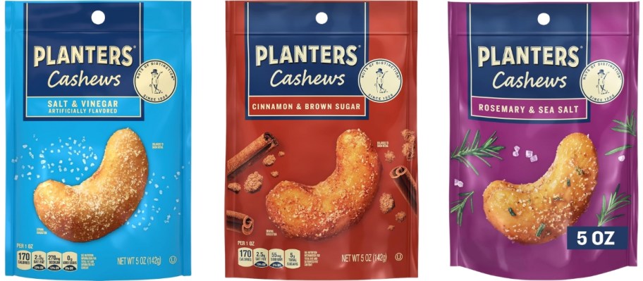3 bags of Planters Cashews in different flavors